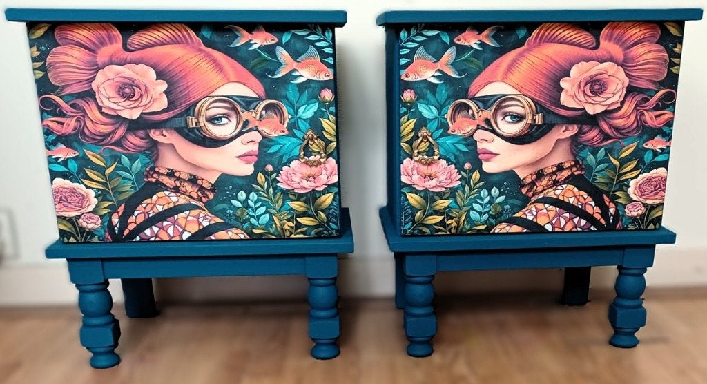 2 Petrol blauwe nachtkastjes “Vrouw, vissen, bloemen”, Ophalen of Verzenden, Zo goed als nieuw, Minder dan 45 cm, 55 tot 70 cm