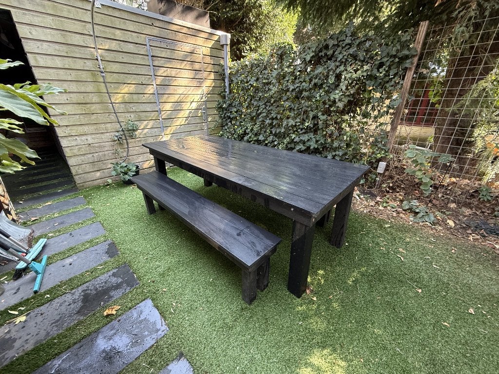 Ineke Hans tuintafel (220x90cm) met bankjes, Ophalen, Gebruikt, Rechthoekig, Kunststof