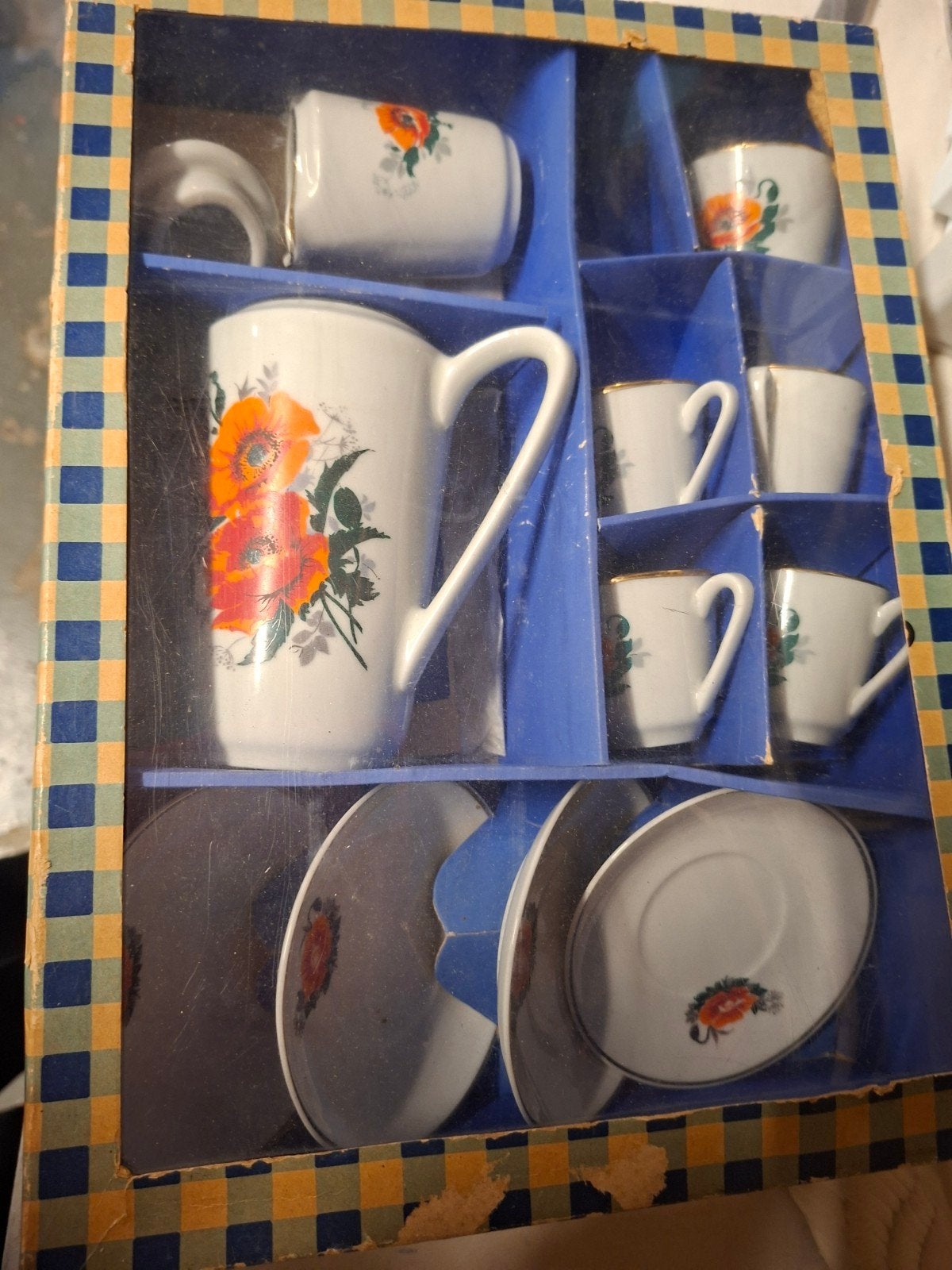 Retro serviesje met oranje bloemen - Compleet in doos, Ophalen of Verzenden