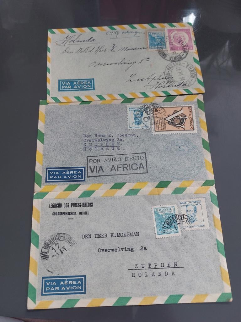 3 Braziliaanse luchtpost enveloppen naar Nederland, Ophalen of Verzenden, Envelop