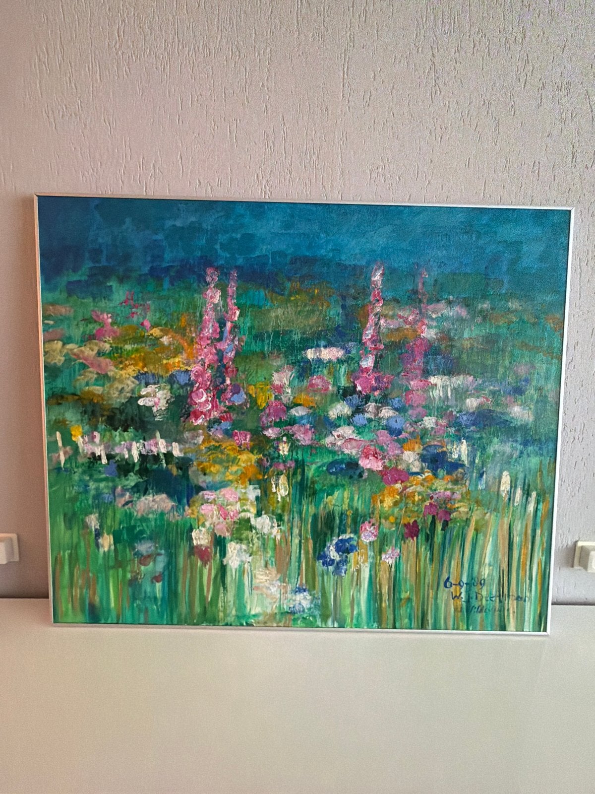 Prachtig schilderij van Maya Wildevuur - Bloemenveld, Antiek en Kunst, Bloemen, Doek, Expressionistisch, Ophalen of Verzenden