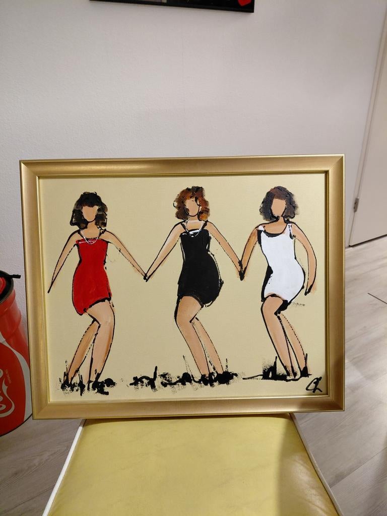 Schilderij corry leushuis  drie vrouwen 54x44 cm, Antiek en Kunst, Ophalen