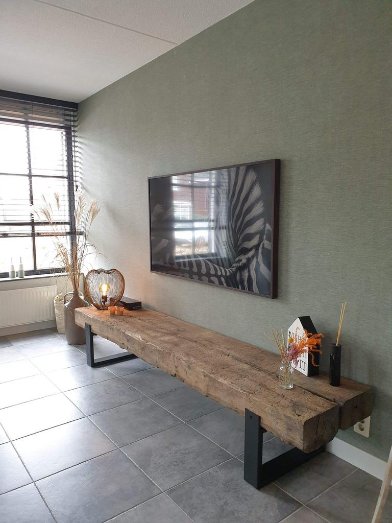 Robuuste Sidetabel - TV Meubel Spoorbiels - Staal, Huis en Inrichting, Tafels | Sidetables, Ophalen, Eikenhout, Platenburg, Info@platenburg.nl