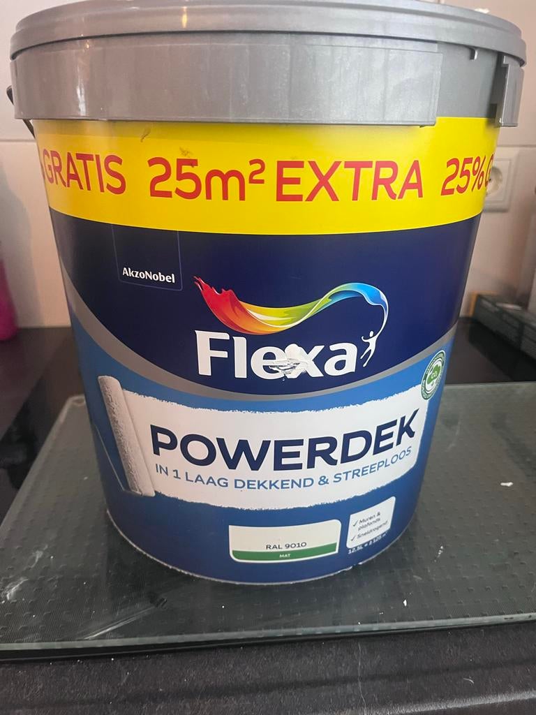 Flexa Powerdek Muurverf 9010, Doe-het-zelf en Verbouw, Verf, Beits en Lak, Nieuw, Verf, 5 tot 10 liter, Wit, Ophalen of Verzenden