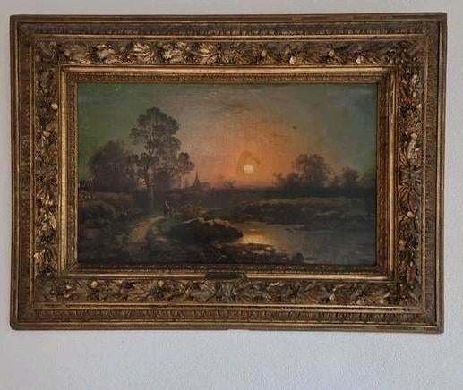 Schilderij van een zonsondergang in een landschap, Antiek en Kunst, Kunst | Schilderijen | Klassiek, Ophalen of Verzenden