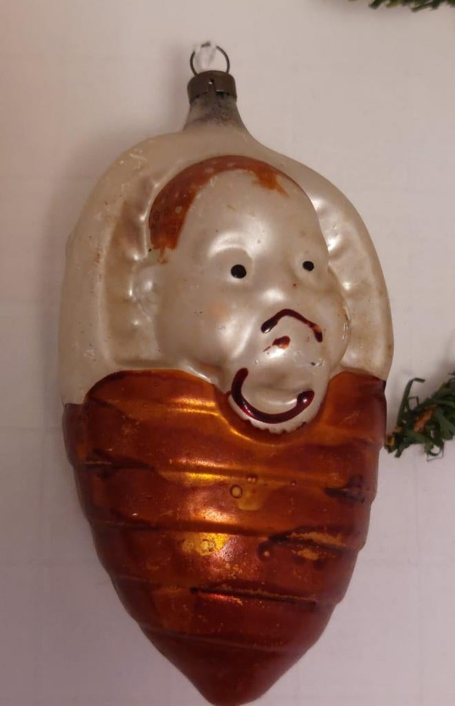 Oude Antieke kerstbal baby met speen., Ophalen of Verzenden