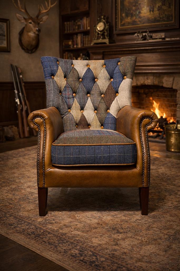 PATCHWORK MULTICOLOR CHESTERFIELD FAUTEUIL ALBANY TWEED, Huis en Inrichting, Ophalen of Verzenden, Nieuw, 75 tot 100 cm, Stof