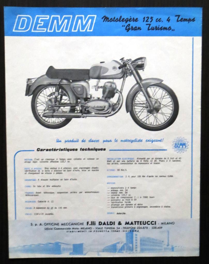 Folder DEMM 125 cc Gran Turismo - 1955/60 (Frans), Verzenden, Overige merken
