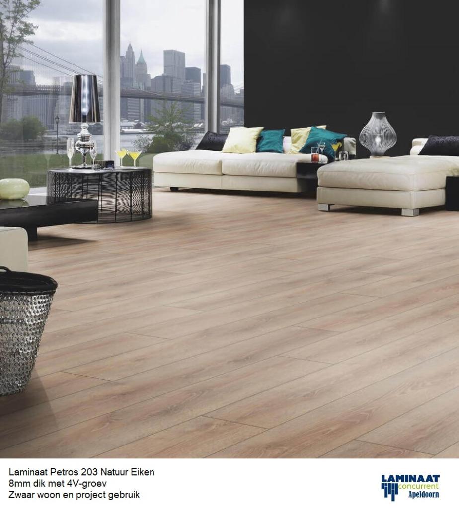 Laminaat Petros Oak Naturel 8mm dik 4V €12,95m2 inc.btw, 75 m² of meer, Beige, Laminaat vloer beige kleur landelijk, Nieuw