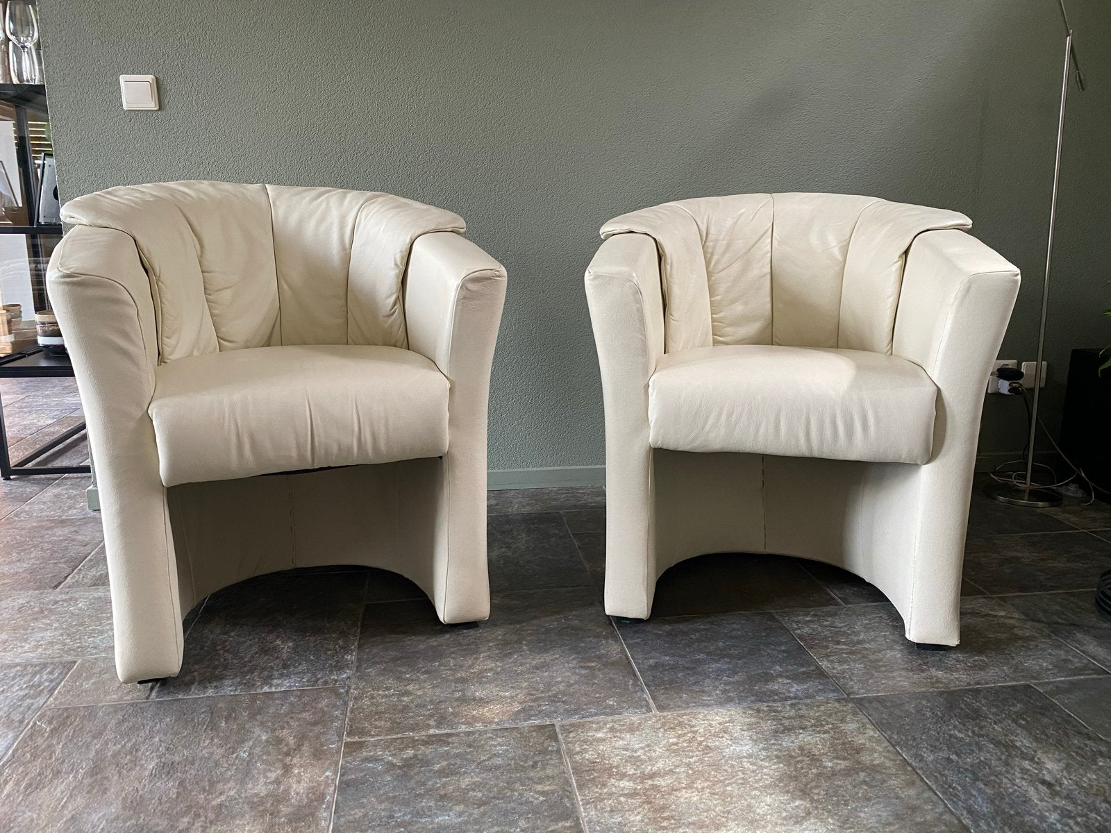 2 Leren Fauteuils - Crème Wit - Goede Staat, Huis en Inrichting, Ophalen, Gebruikt, Twee, Overige kleuren