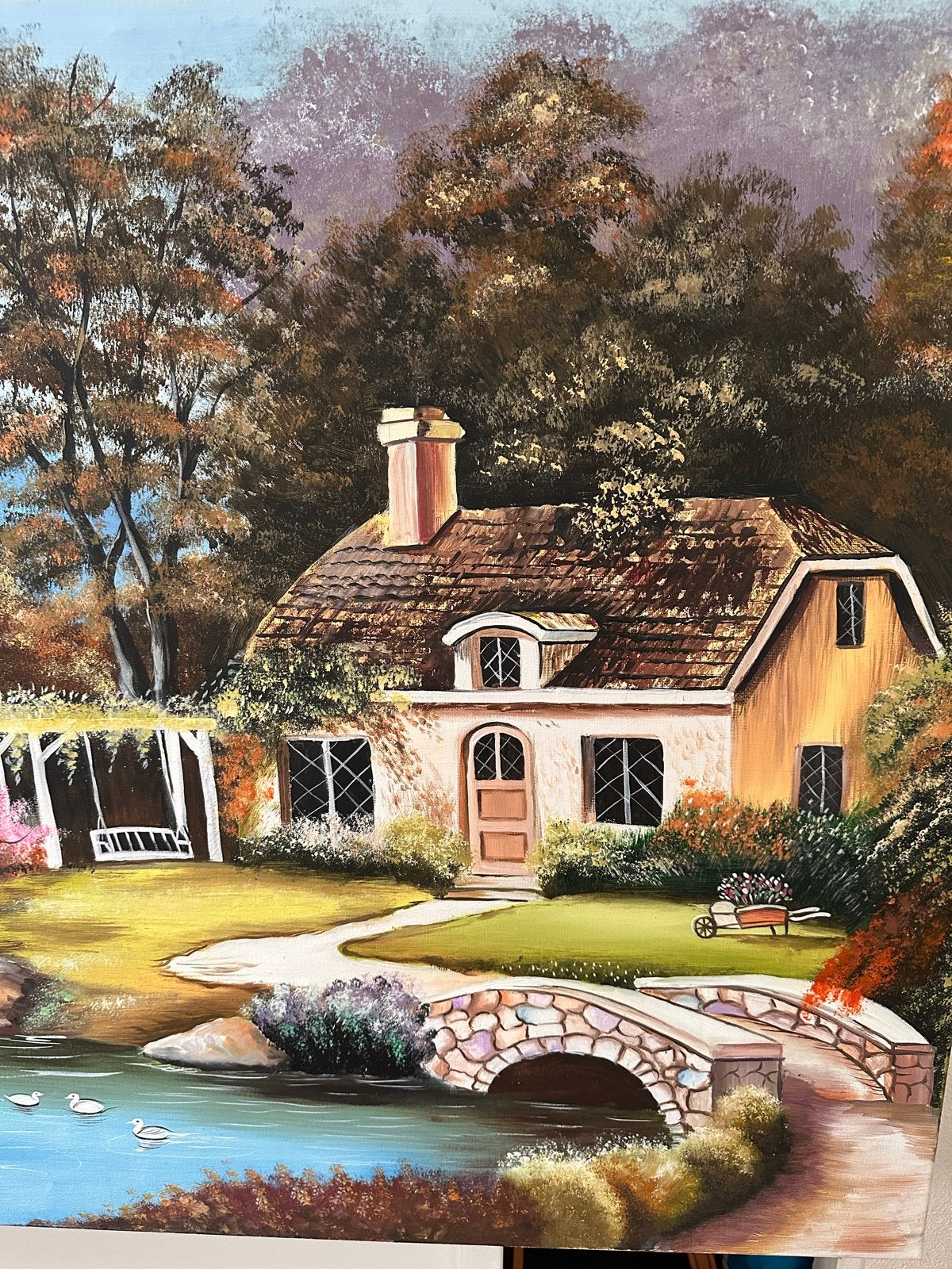 Handgeschilderd Landschap met Huisje en Waterval 115x75, Doek, Realistisch, Ophalen of Verzenden, Olieverf