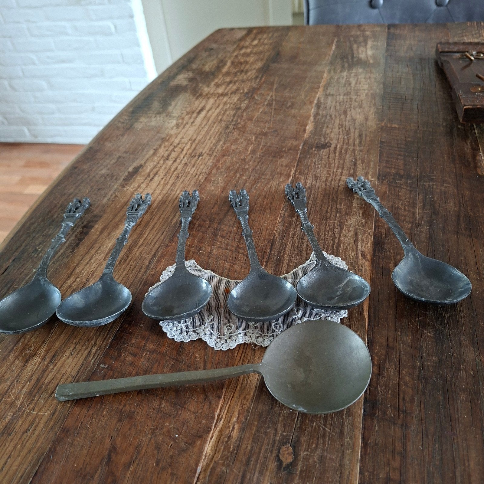 6 Tinnen Bruidslepels 17 cm groot uit Kunsthandel, Ophalen of Verzenden