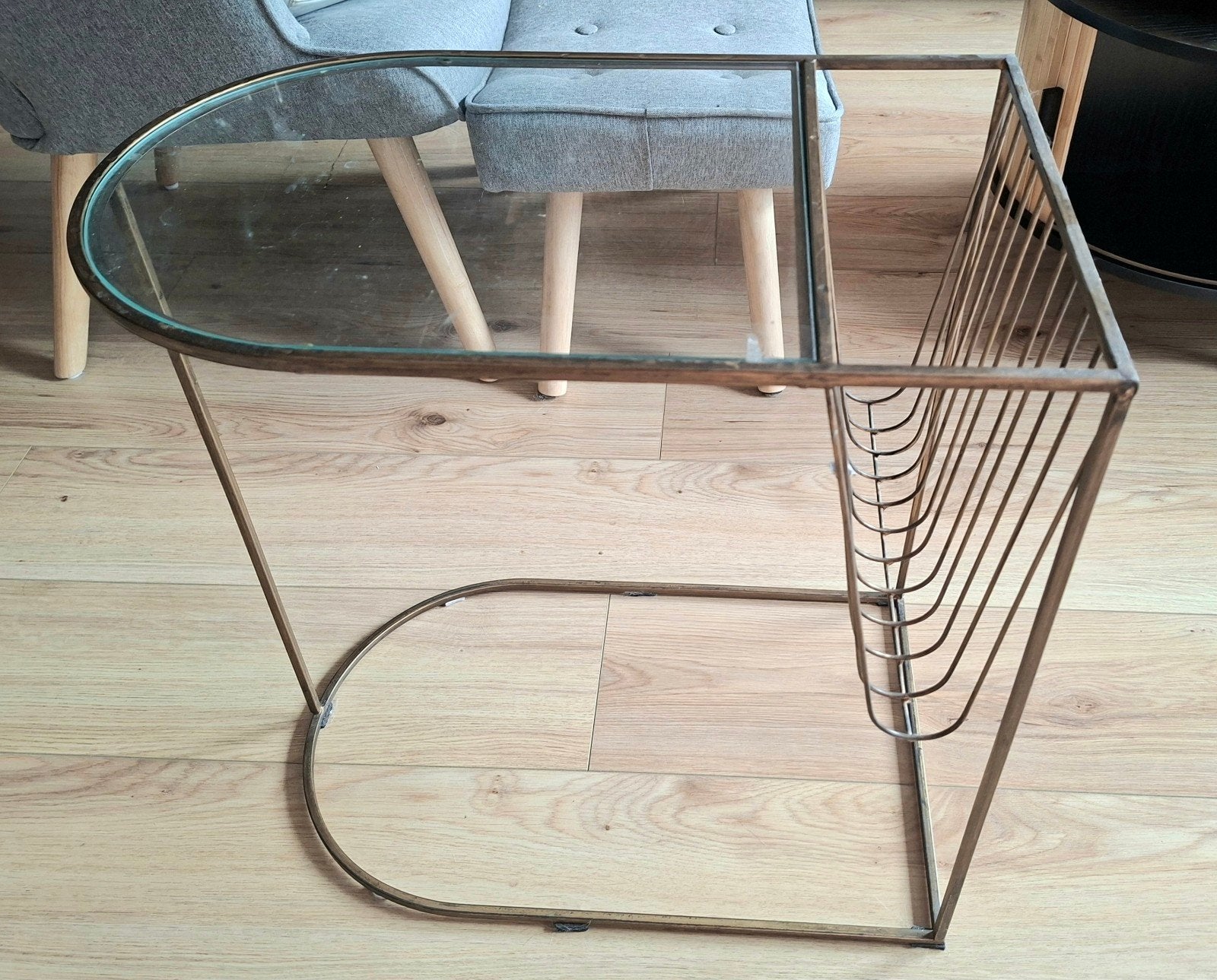 Brons/goudkleurig lectuurtafeltje staal met glas, Ophalen, Minder dan 55 cm, Metaal of Aluminium, Rond