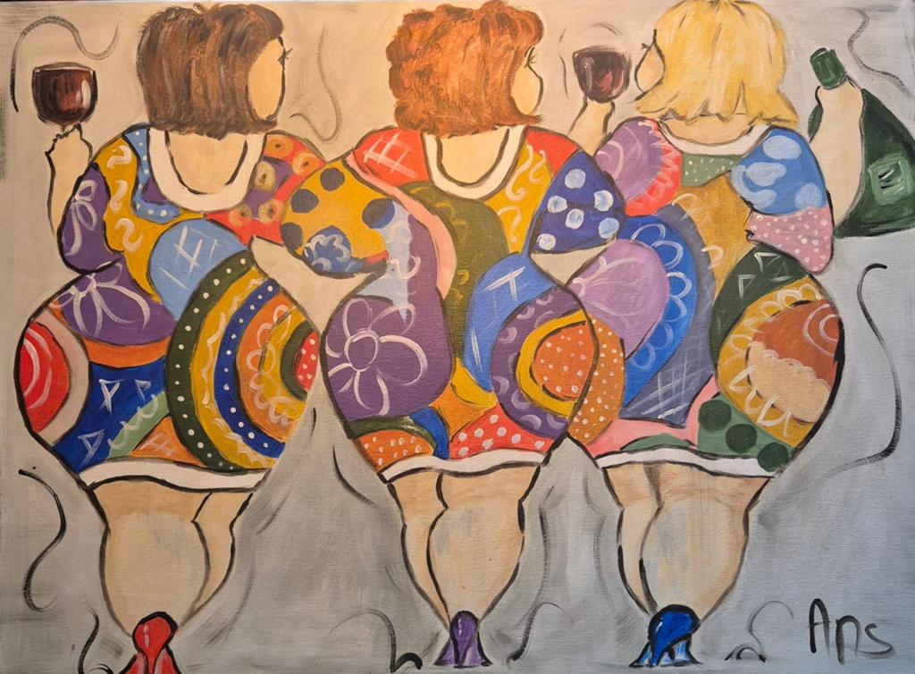 Vrolijk en gezellig schilderij 'Drie Vriendinnen', Ophalen of Verzenden