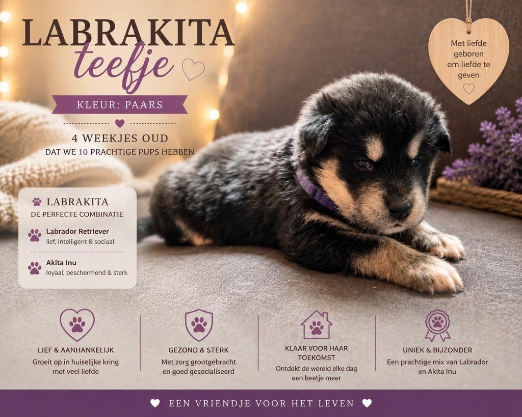 Unike Labrakita pups te koop (labrador x Akita), Parvo, 8 tot 15 weken, Labrador retriever, Meerdere