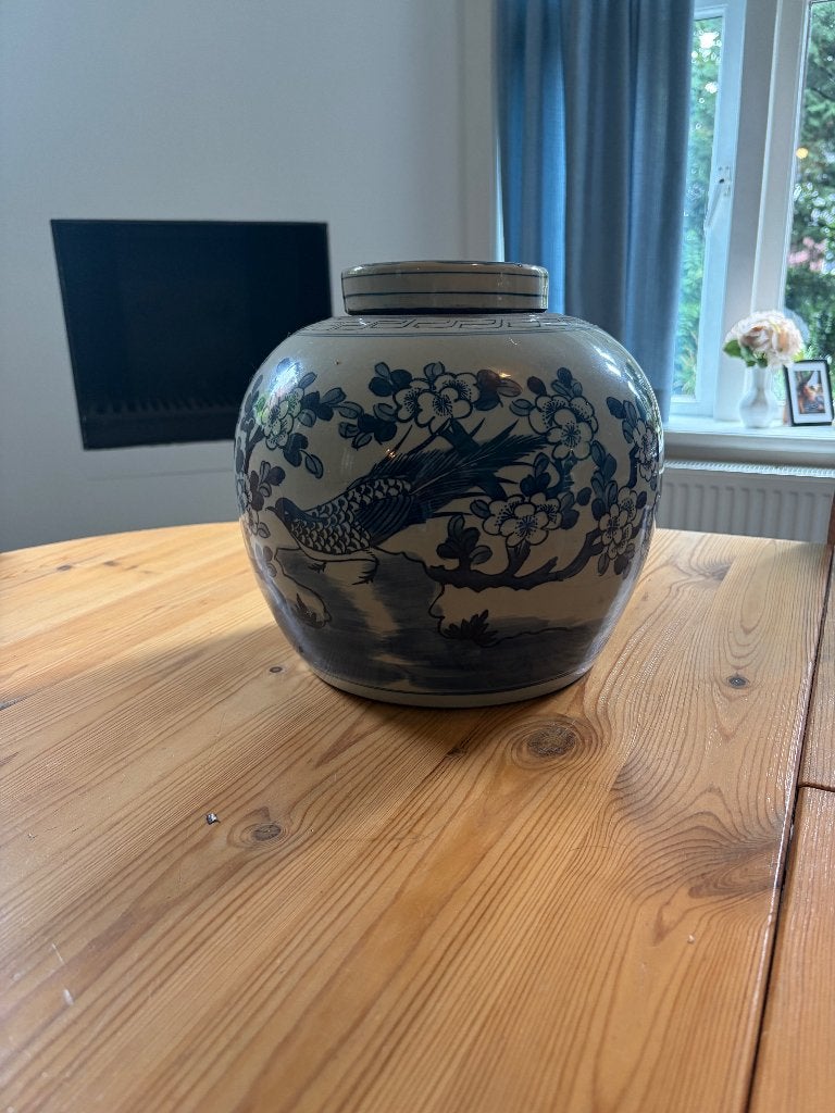 Antieke Chinese gemberpot met vogel en bloemmotief, Ophalen