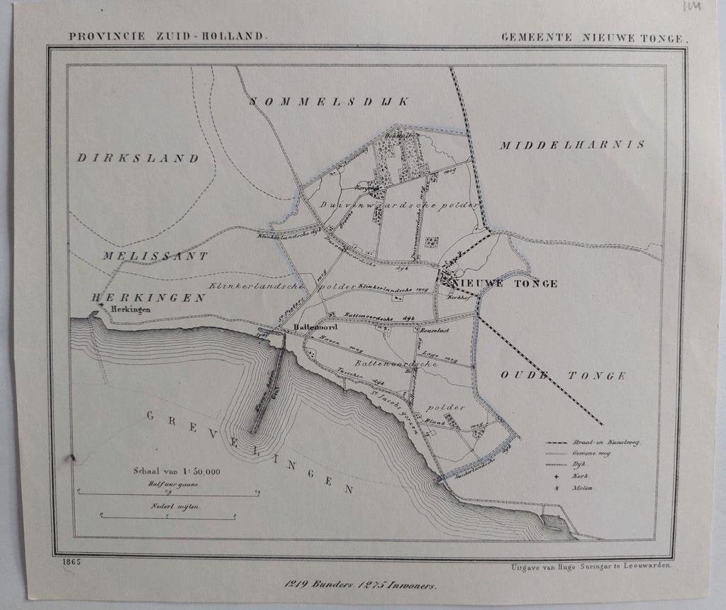 114 / Nieuwe Tonge Battenoord Herkingen Litho 1865 J. Kuyper, Antiek en Kunst, Ophalen of Verzenden