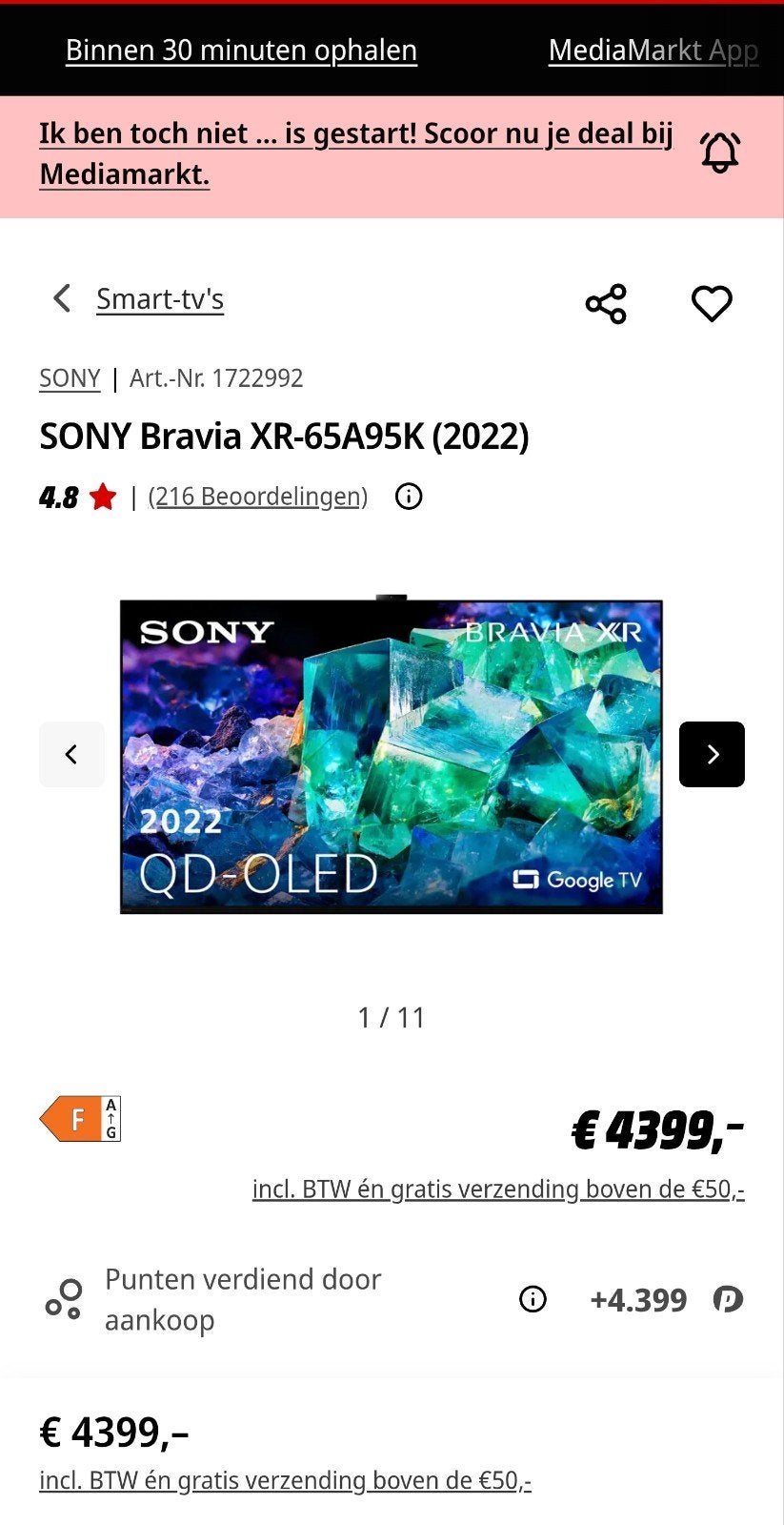 SONY Bravia XR-65A95K (2022) QD-OLED Smart TV - Nieuw, Audio, Tv en Foto, Televisies, Nieuw, OLED, Ophalen of Verzenden, 4k (UHD)