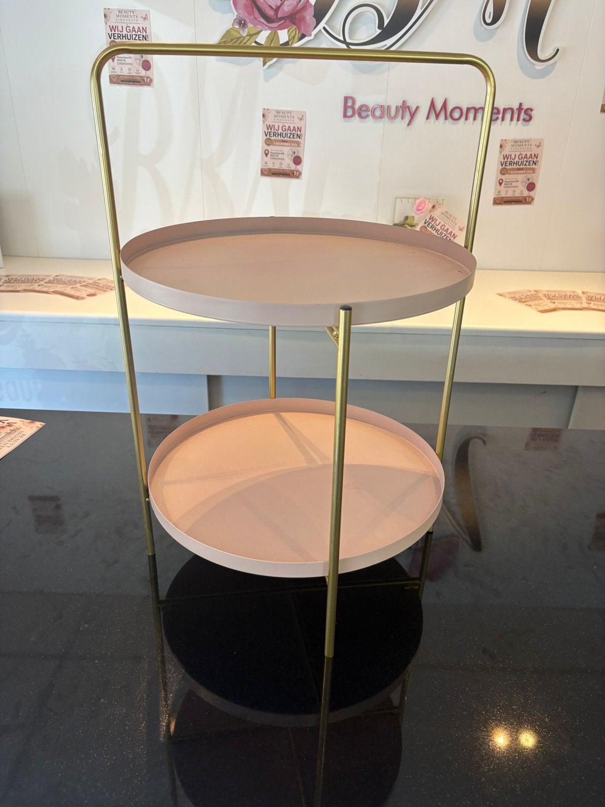 Gouden etagère met roze bladen, Huis en Inrichting, Woonaccessoires | Overige, Meerkleurig, Ophalen of Verzenden, Zo goed als nieuw