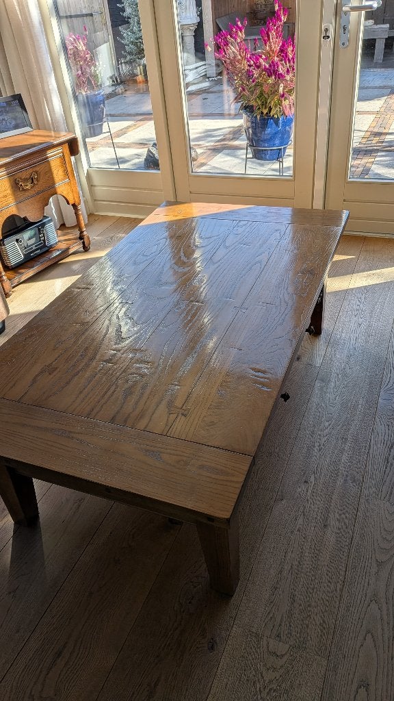 Eikenhouten Salon tafel 140 cm bij 76 cm, Ophalen, 100 tot 150 cm, Eikenhout, Zo goed als nieuw