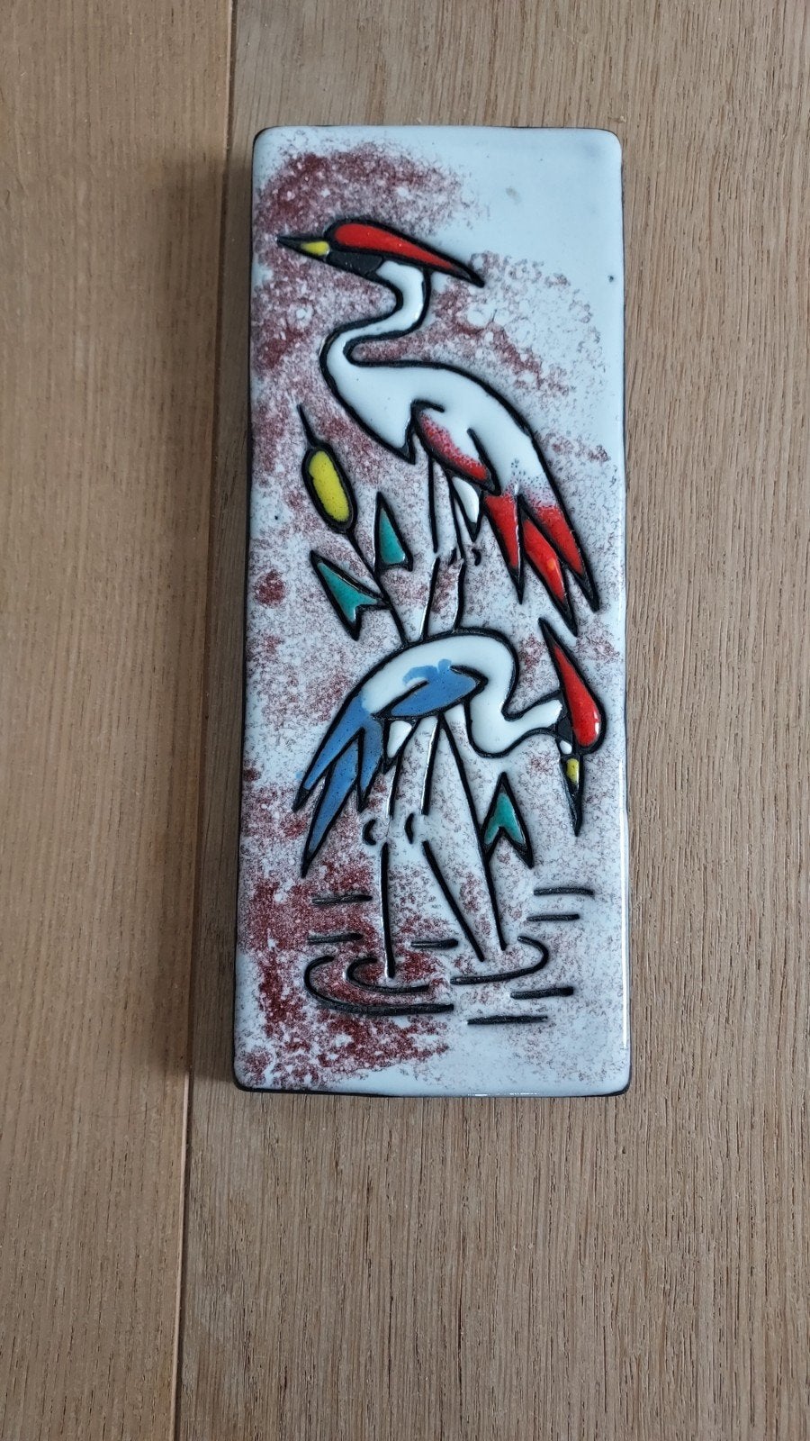 Vintage Ruscha wandtegel met kraanvogels, 21,7 x 8 cm, Antiek en Kunst, Ophalen of Verzenden