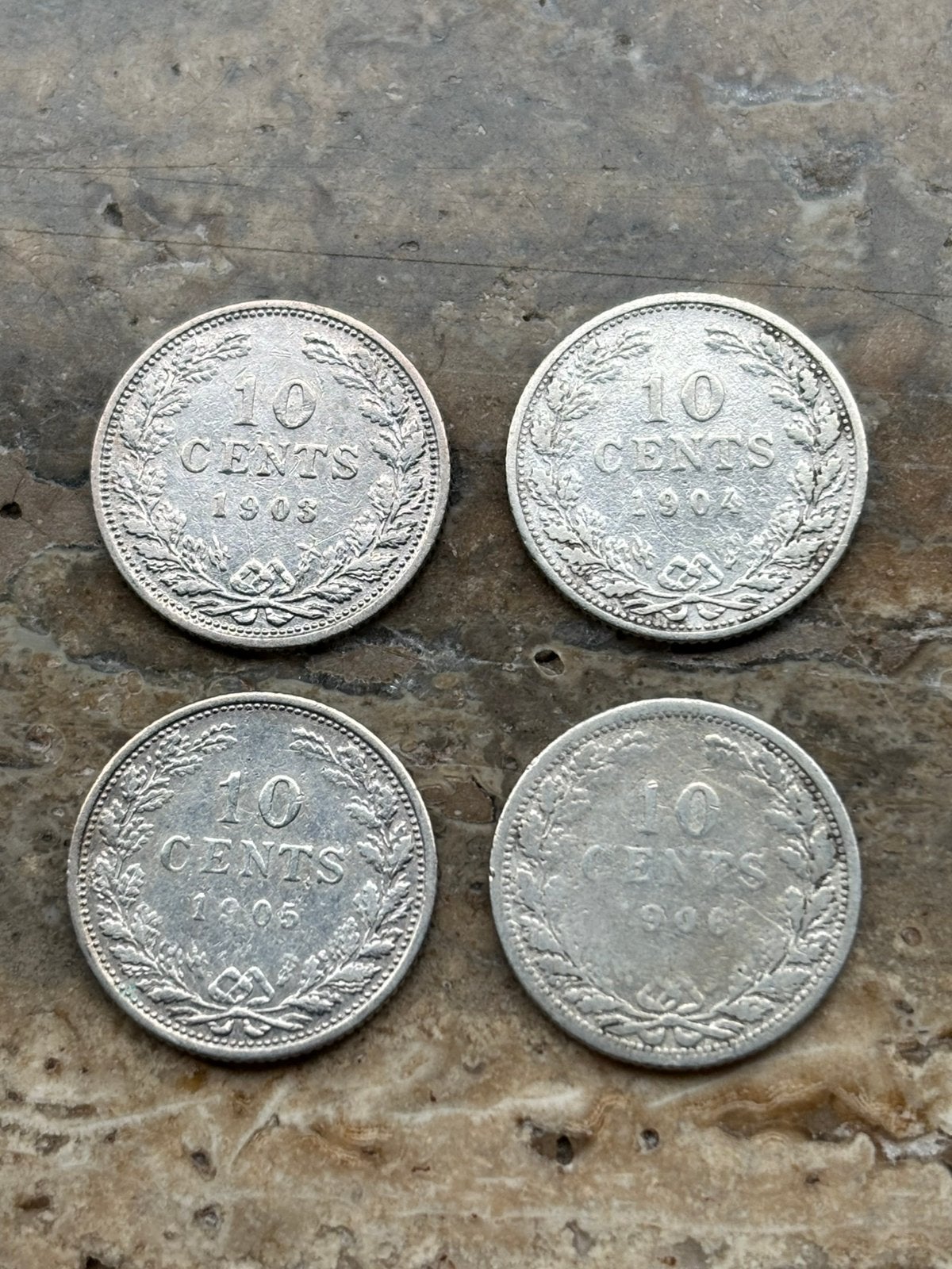 10 cent 1903-1904-1905-1906 Wilhelmina, zilver, Postzegels en Munten, Setje, Zilver, Ophalen of Verzenden, 10 cent