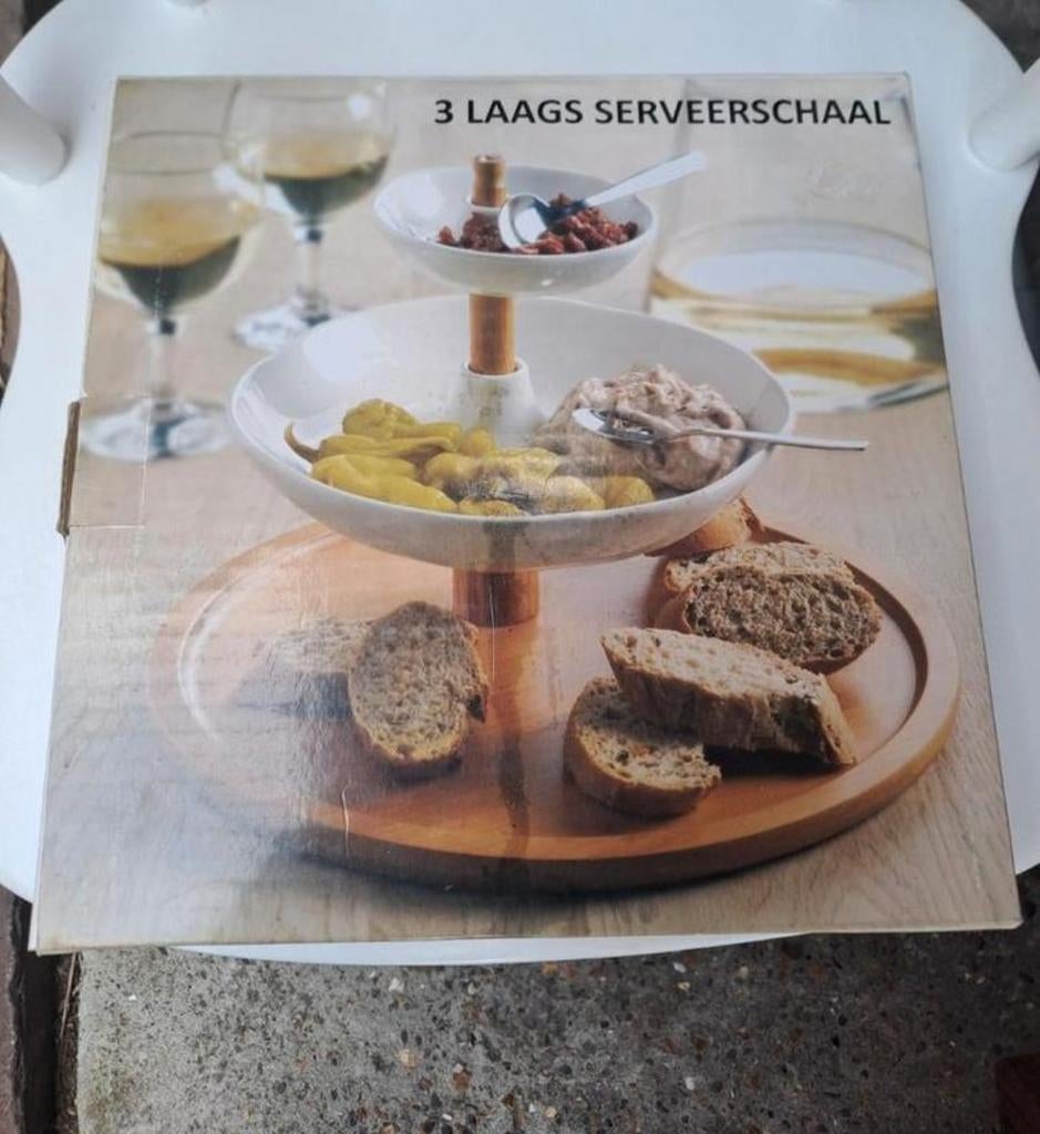 Prachtige, nieuwe 3-laagse etagère bamboe en porselein, Huis en Inrichting, Woonaccessoires | Etagères, Ophalen, Nieuw