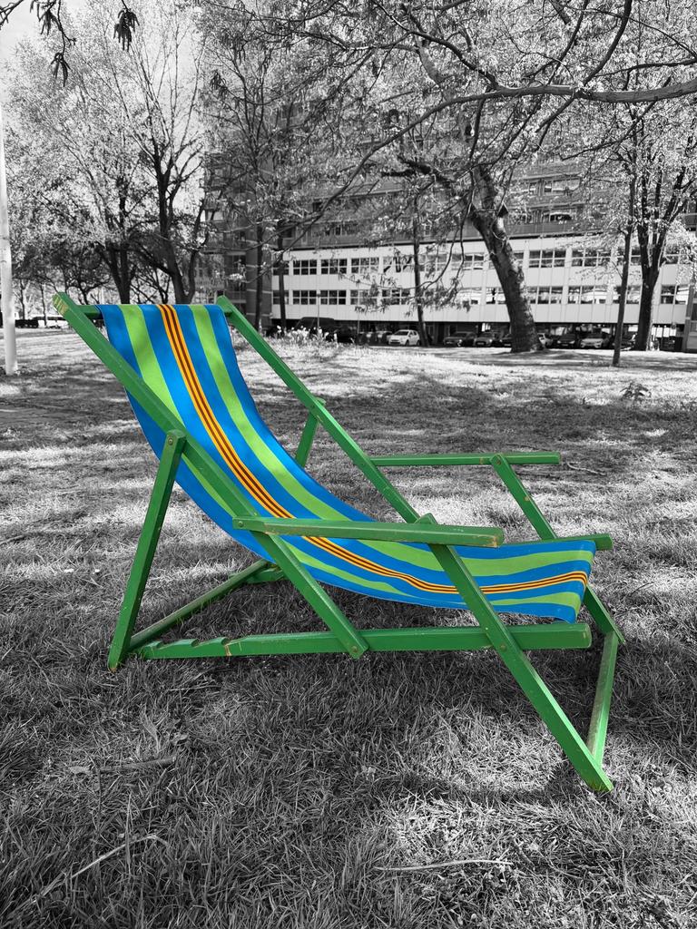 Vintage strandstoel - hout / canvas- jaren 70 - appelgroen, Ophalen, Zo goed als nieuw, Campingstoel