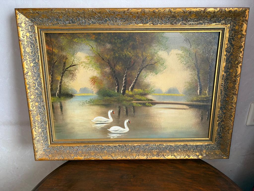 Schilderij met zwanen en landschap in sierlijke lijst, Antiek en Kunst, Kunst | Schilderijen | Klassiek, Ophalen of Verzenden