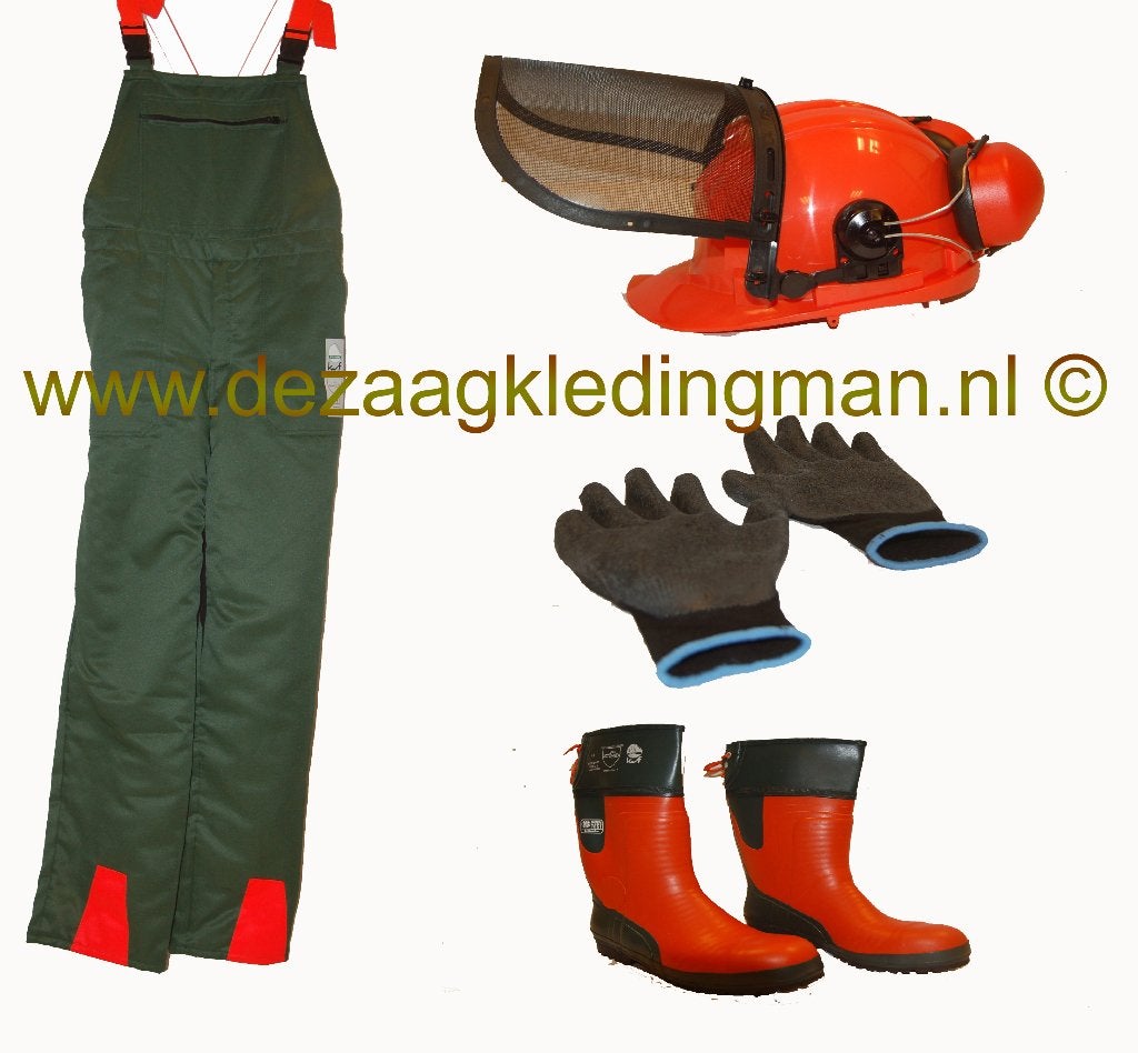 zaagoverall, zaaglaarzen, helm en griphandschoenen ACTIE!, Ophalen of Verzenden, Nieuw, Broek
