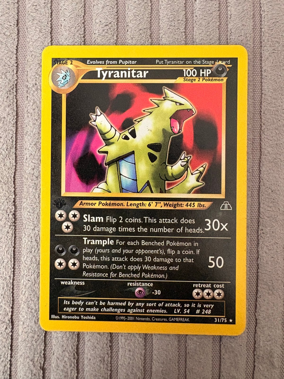 Pokémon Tyranitar 31/75 1e edition Neo Revelation 1995, Hobby en Vrije tijd, Ophalen of Verzenden, Zo goed als nieuw, Losse kaart