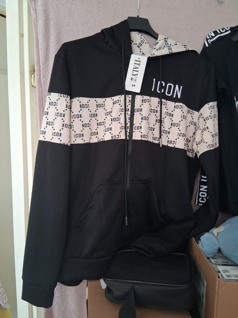 Zwart vest met capuchon en 'ICON' print - Maat M, ICON, Maat 48/50 (M), Zwart, Nieuw