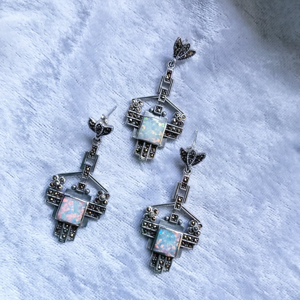 Mooie Zilveren Art Deco Set met Opaal - Oorstekers + Hanger, Sieraden, Tassen en Uiterlijk, Verzenden, Zilver, Oorbellen, Met edelsteen