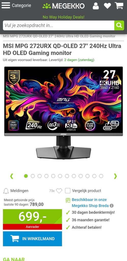 MSI MPG 272URX QD-OLED 27" 240Hz Ultra HD OLED Gaming monito, Minder dan 1 ms, Ultra HD (4K), USB-C, Overige typen