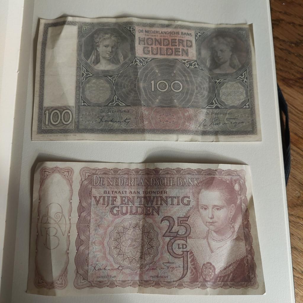 Historische Nederlandse bankbiljetten: 100 en 25 gulden, Ophalen of Verzenden, Koningin Wilhelmina