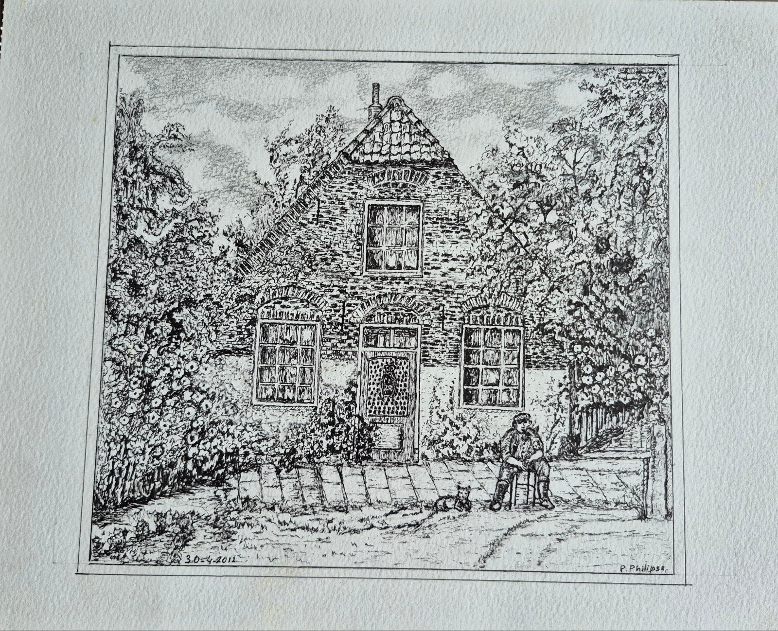 Originele pentekening van Paul Philipse - Huis met tuin, Antiek en Kunst, Kunst | Tekeningen en Foto's, Ophalen of Verzenden, Tekening