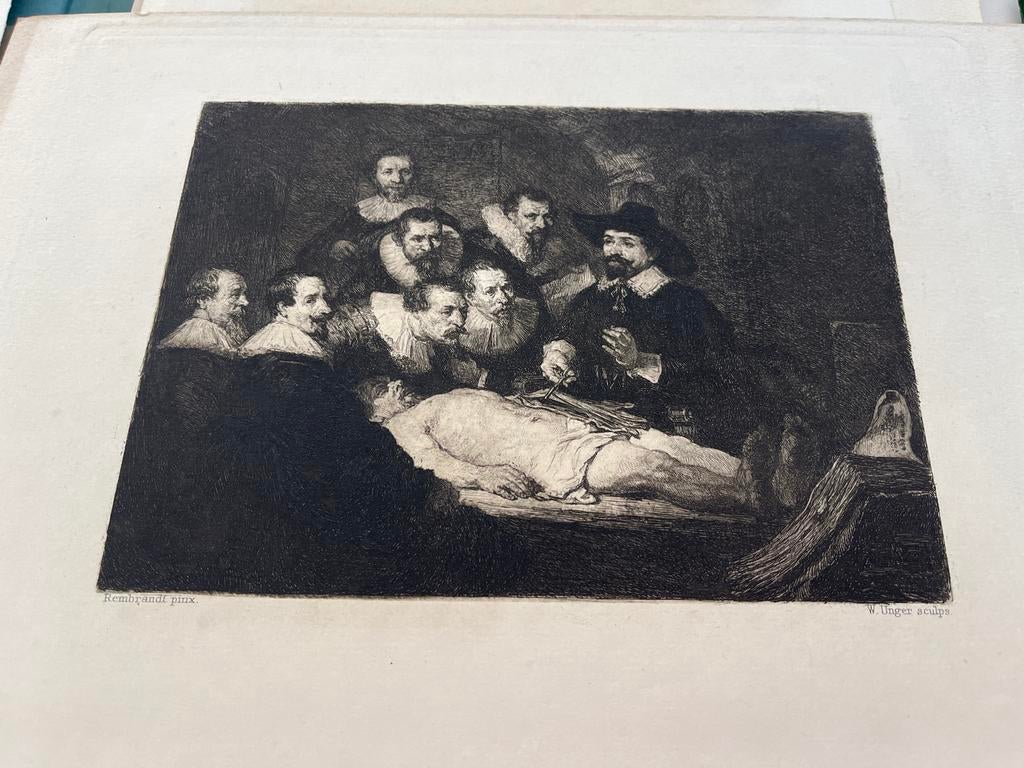 Ets van W. Unger naar Rembrandt - De Anatomische Les, Antiek en Kunst, Dagelijks leven, 1800 - 1899, 19 cm, Ophalen of Verzenden