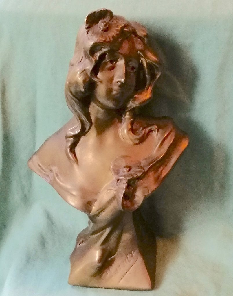 Koperen Art Nouveau beeld Vrouw Chance Geluk, Ophalen of Verzenden, Brons, 20 - 50 cm, Buste