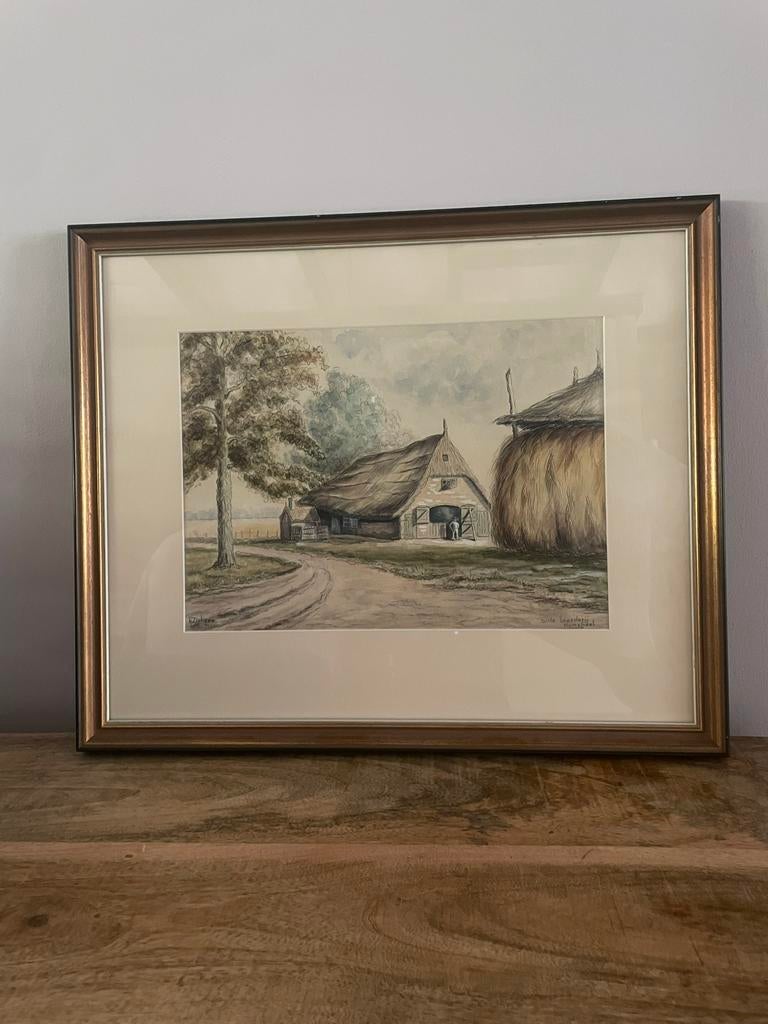 Schilderij boerderij met hooiberg - gesigneerd, Antiek en Kunst, Kunst | Schilderijen | Klassiek, Ophalen