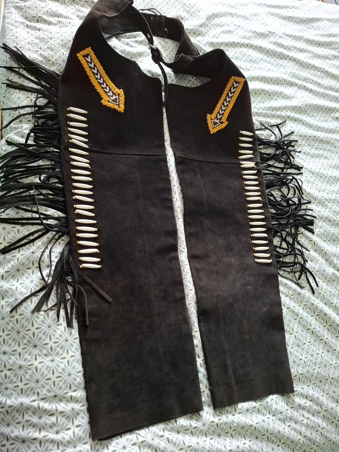 Vintage Zwarte Leren / Suède Cowboy Chaps XL - Zware Kwalite, Dames, Zo goed als nieuw, Zwart, Onderkleding