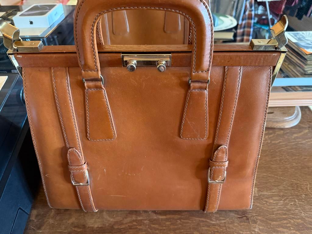 Vintage Leren Handtas - Cognac Kleur, Sieraden, Tassen en Uiterlijk, Tassen | Damestassen, Ophalen of Verzenden, Gebruikt, Bruin