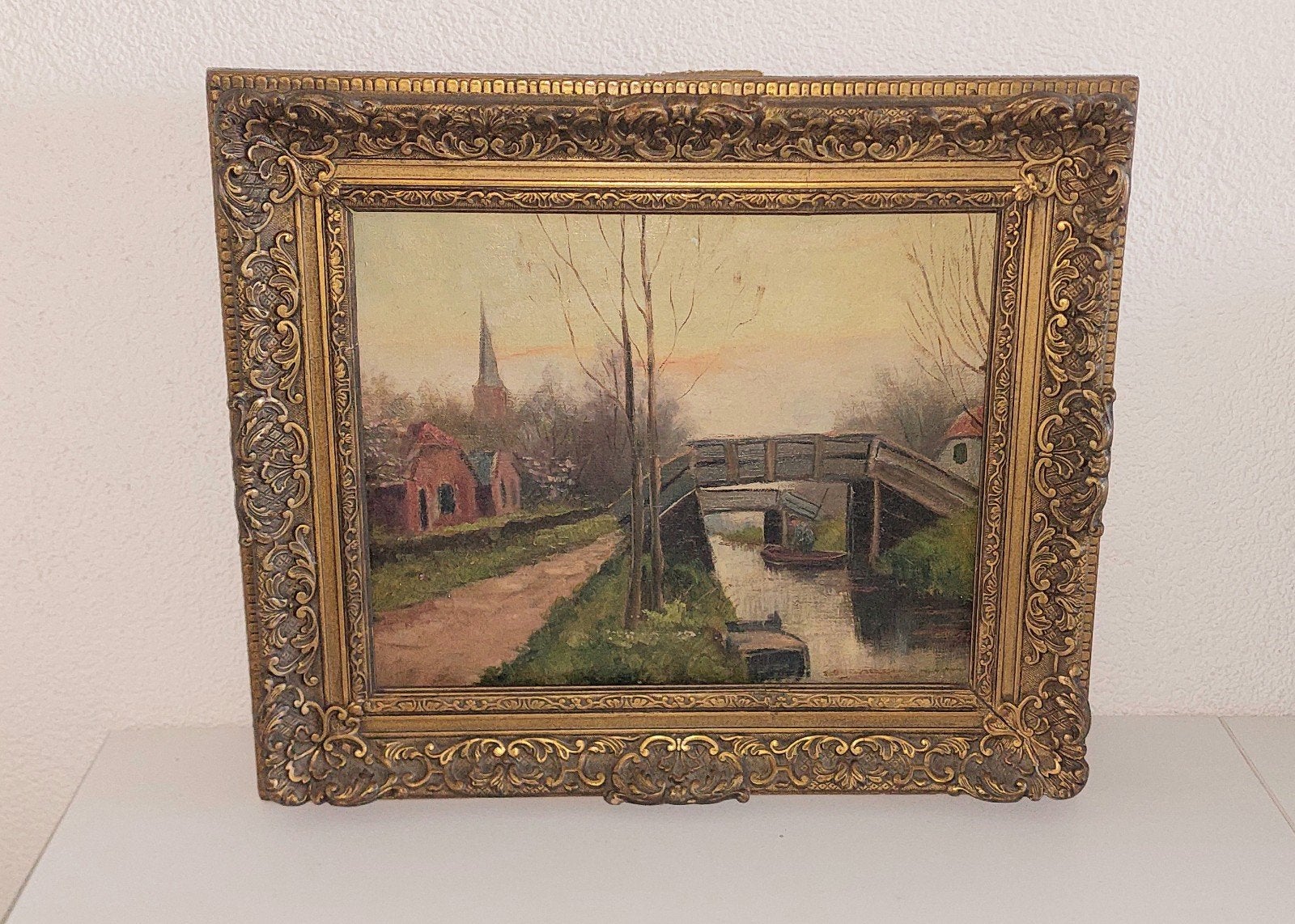 Oud Hollands Landschap Schilderij met Gracht en Brug, Antiek en Kunst, Bijzondere lijst, Doek, Oud hollands, Ophalen of Verzenden