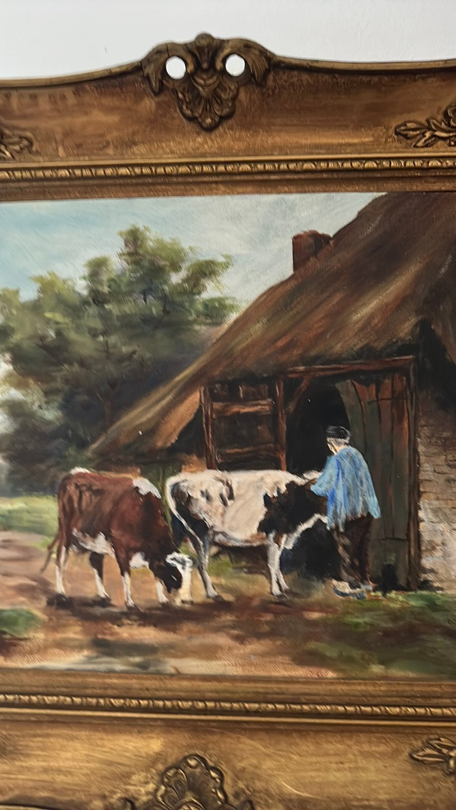 Boer zet koe in schuur 45 cm x 54 cm, Antiek en Kunst, Ophalen