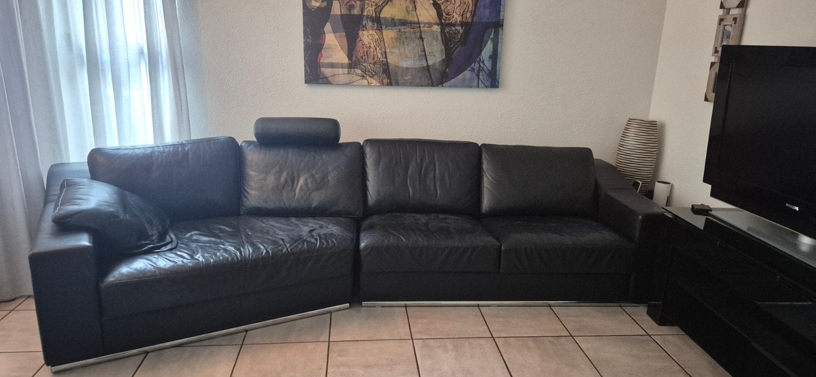 Leolux Zwarte Leren Hoekbank Designer Vintage - leolux, Ophalen, 250 tot 300 cm, Gebruikt, 100 tot 125 cm