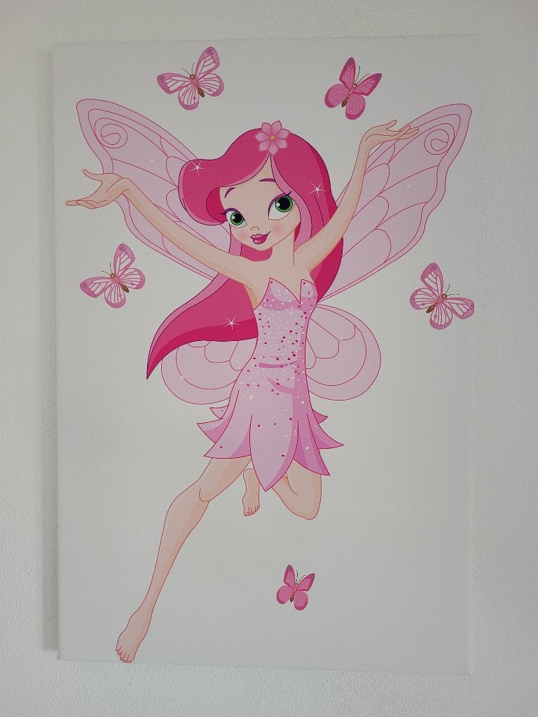 Canvas schilderij roze fee met vlinders (40x60 cm), Ophalen, Zo goed als nieuw, Wanddecoratie