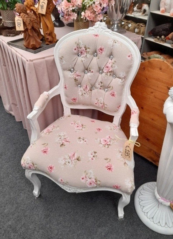 Brocante barok dames fauteuil opnieuw gestoffeerd, Ophalen, Zo goed als nieuw, 75 tot 100 cm