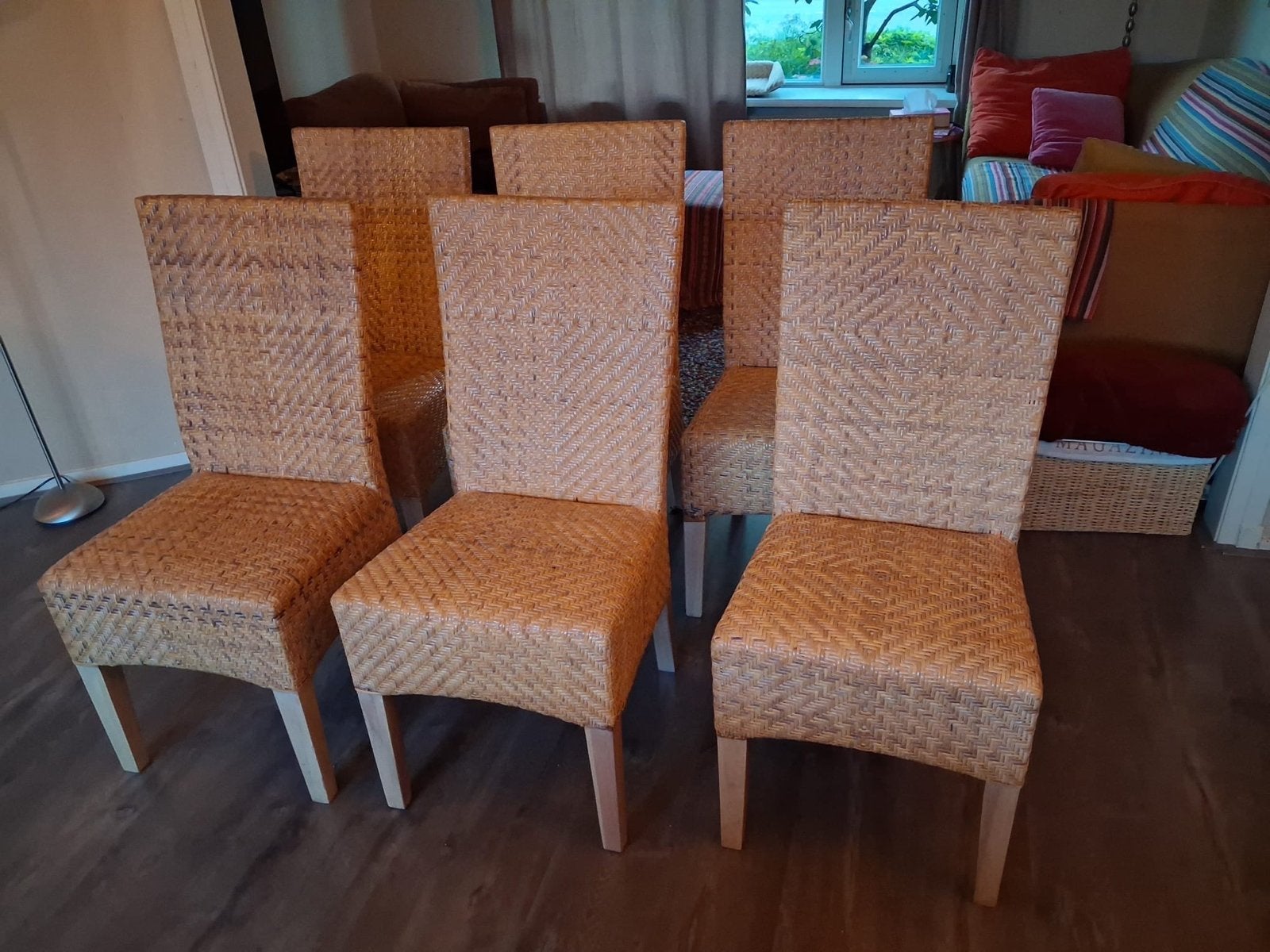 6 rieten eetkamerstoelen, Huis en Inrichting, Stoelen, Ophalen, Gebruikt, Overige kleuren, Riet of Rotan