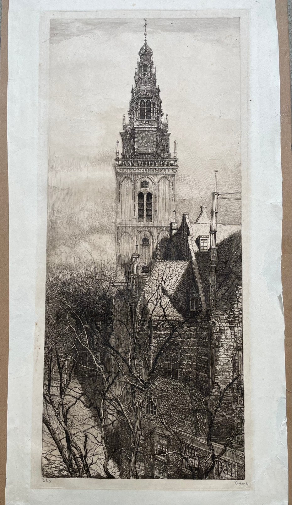 Oude kerk Amsterdam Pieter Dupont, Antiek en Kunst, Ophalen, Ets, Architectuur, 20 cm