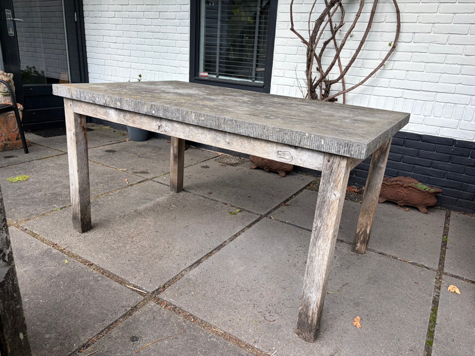 Tafel Belgisch hardsteen met eikenhouten onderstel, Tuin en Terras, Ophalen, Gebruikt, Rechthoekig, Overige materialen