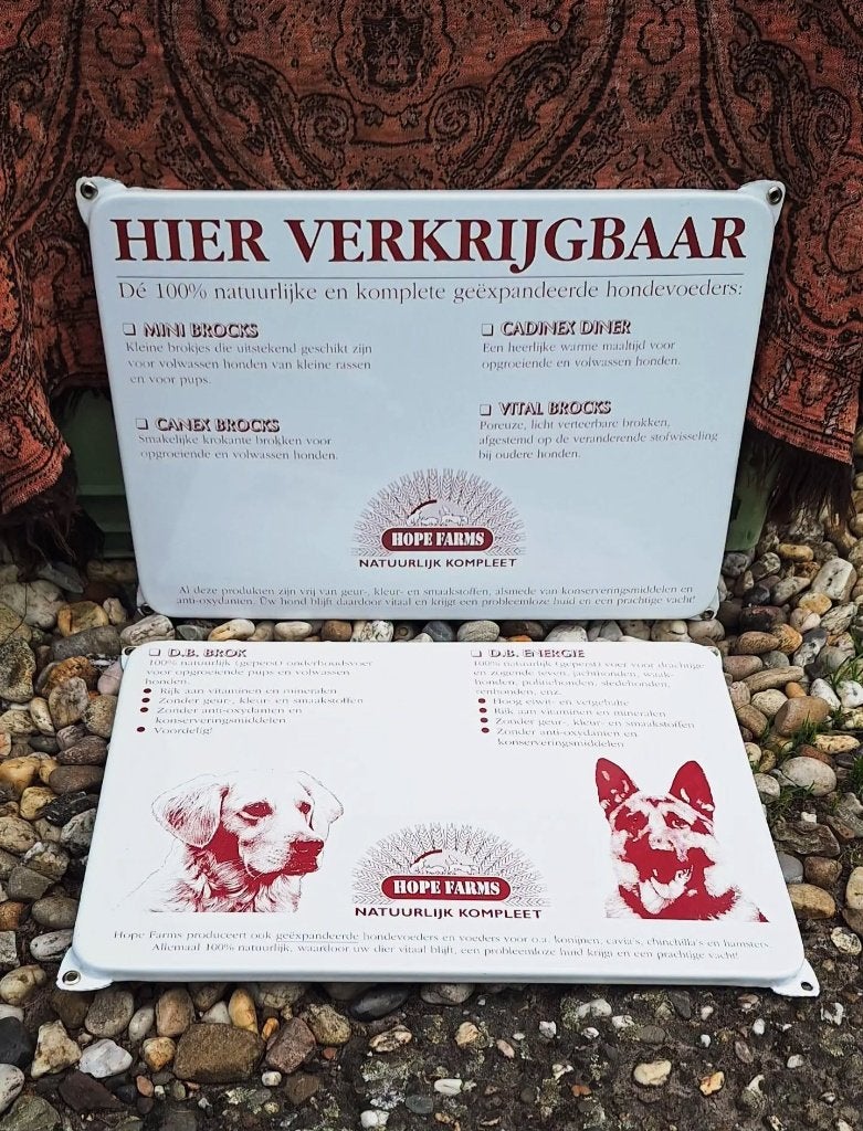 Set van 2 emaille reclameborden voor Hope Farms hondenvoer., Reclamebord, Gebruikt, ., Ophalen of Verzenden